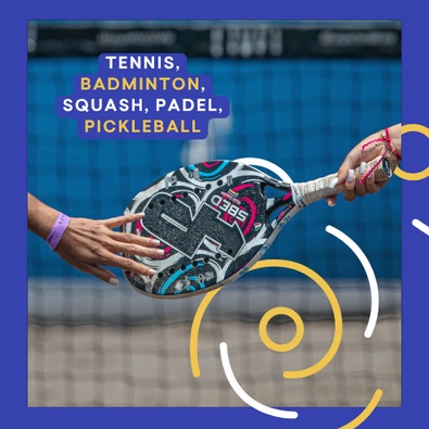 tennis, badminton, squash, padel and pickleball - a picture of a padel racket and two hands on a padel court