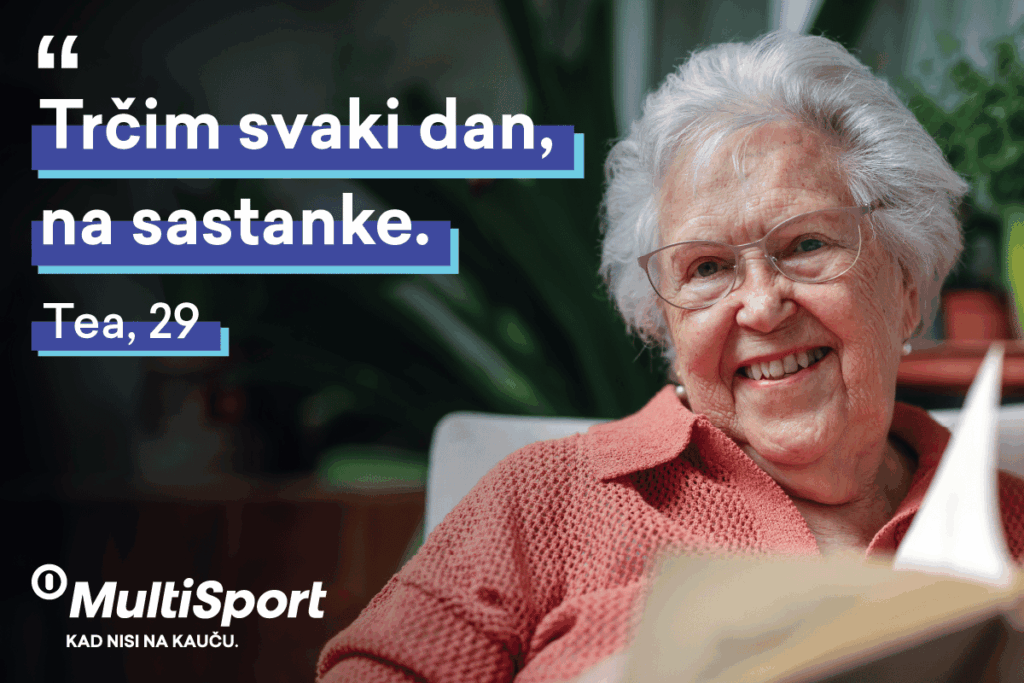Žena koja izgleda kao da je starije životne dobi se smješka u kameru i pokraj nje stoji citat: "Tračim svaki dan, na sastanke.", a ispod je navedeno njeno ime i dob: Tea, 29. Fotografija na duhovit način prikazuje kako se metabolička dob može razlikovati od naših godina kada ne brinemo o svom tijelu.